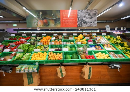 BONN - SEP 18: supermarket interior on September 18, 2014 in Bonn, Germany. Bonn officially the Federal City of Bonn, is a city on the banks of the Rhine in the German state of North Rhine-Westphalia.