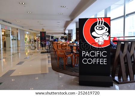 SHENZHEN, CHINA - FEBRUARY 04, 2015: Pacific Coffee interior. Pacific Coffee Company is a Pacific Northwest U.S.- style coffee shop group originating from Hong Kong