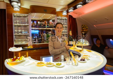 DUBAI, UAE - MARCH 31, 2015: Emirates Airbus A380 interior. Emirates is one of two flag carriers of the United Arab Emirates along with Etihad Airways and is based in Dubai.