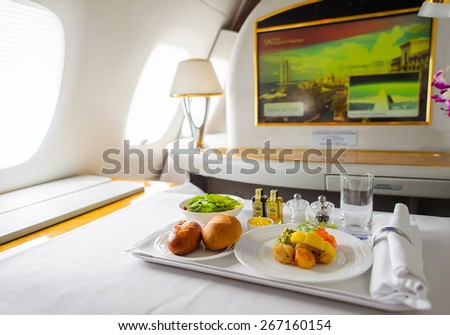 BANGKOK, THAILAND - MARCH 31, 2015: Emirates Airbus A380 interior. Emirates is one of two flag carriers of the United Arab Emirates along with Etihad Airways and is based in Dubai.