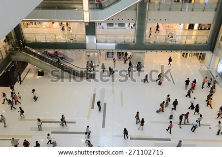 HONG KONG - APRIL 03, 2015: New Town Plaza interior. New Town Plaza is a shopping mall in the town centre of Sha Tin in Hong Kong. Developed by Sun Hung Kai Properties.