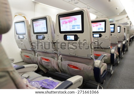 HONG KONG - MARCH 09, 2015: Emirates Airbus A380 aircraft interior. Emirates handles major part of passenger traffic and aircraft movements at the airport.