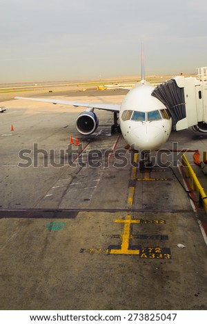 NEW-YORK, USA - APRIL 19, 2011: docked jet aircraft of Delta Air Lines. Delta Air Lines is one of the major American airlines that serves domestic and international destinations.