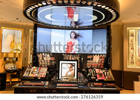 HONG KONG - MAY 05, 2015: Dior cosmetics boutique interior. Dior, is a French luxury goods company controlled and chaired by businessman Bernard Arnault