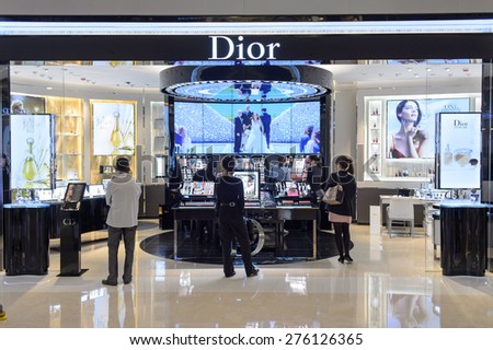 HONG KONG - MAY 05, 2015: Dior cosmetics boutique interior. Dior, is a French luxury goods company controlled and chaired by businessman Bernard Arnault