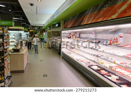 SHENZHEN, CHINA - MAY 17, 2015: supermarket interior. Shenzhen is a major city in the south of Southern China\'s Guangdong Province, situated immediately north of Hong Kong