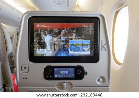 BANGKOK, THAILAND - JUNE 22, 2015: Emirates A380-800 interior. Emirates is one of two flag carriers of the United Arab Emirates along with Etihad Airways and is based in Dubai.