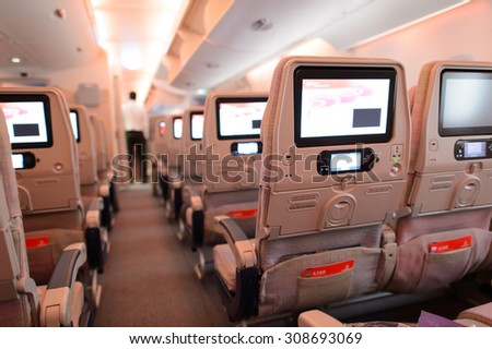 HONG KONG - MARCH 09, 2015: Emirates Airbus A380 aircraft interior. Emirates handles major part of passenger traffic and aircraft movements at the airport.