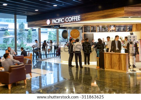 HONG KONG, CHINA - MAY 05, 2015: Pacific Coffee cafe interior. Pacific Coffee Company is a Pacific Northwest U.S.- style coffee shop group originating from Hong Kong