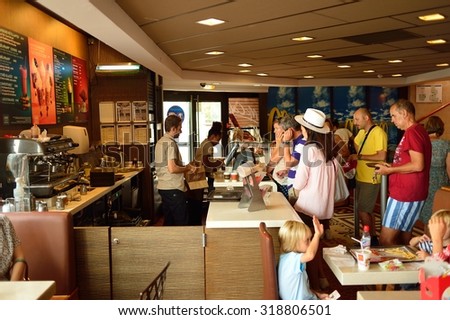 NICE, FRANCE - AUGUST 15, 2015: McDonald\'s restaurant interior. McDonald\'s is the world\'s largest chain of hamburger fast food restaurants, founded in the United States.