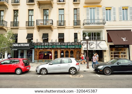 NICE, FRANCE - AUGUST 15, 2015: Nice streets. Nice is the fifth most populous city in France, after Paris, Marseille, Lyon and Toulouse, and it is the capital of the Alpes Maritimes departement