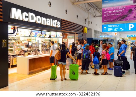 PRAGUE, CZECK REPUBLIC - AUGUST 16, 2015: McDonald\'s restaurant. McDonald\'s is the world\'s largest chain of hamburger fast food restaurants, founded in the United States.