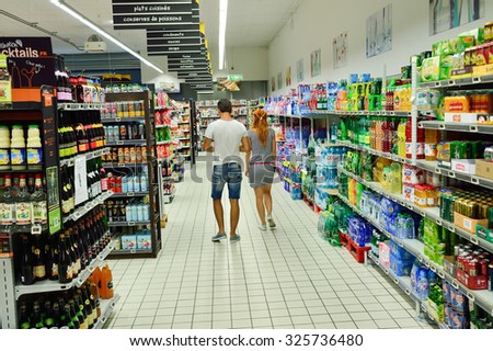 BEGLES, FRANCE - AUGUST 13, 2015: Simply Market interior. Simply Market is a brand of French supermarkets formed in 2005. This brand is a new concept to eventually replace Atac supermarkets