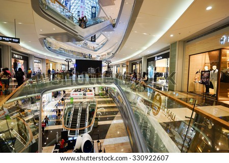SHENZHEN, CHINA - OCTOBER 15, 2015: KK Mall shopping mall interior. KK Mall is high-end shopping mall in Shenzhen, within walking distance of both Citic Plaza and MixCity.