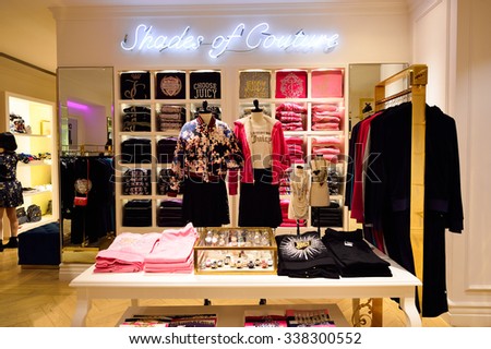 HONG KONG - NOVEMBER 02, 2015: interior of a boutique in New Town Plaza. New Town Plaza is a shopping mall in the town centre of Sha Tin in Hong Kong. Developed by Sun Hung Kai Properties