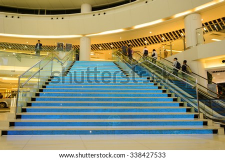 HONG KONG - NOVEMBER 02, 2015: interior of New Town Plaza. New Town Plaza is a shopping mall in the town centre of Sha Tin in Hong Kong. Developed by Sun Hung Kai Properties