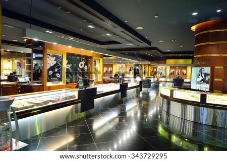 DUBAI, UAE - NOVEMBER 16, 2015: interior of Dubai Duty Free Level. Dubai Duty Free is the largest single airport retail operation in the world