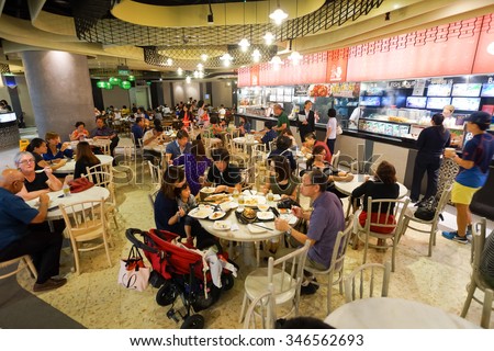 SINGAPORE - NOVEMBER 08, 2015: interior of food court of The Shoppes at Marina Bay Sands. The Shoppes at Marina Bay Sands is one of Singapore\'s largest luxury shopping malls