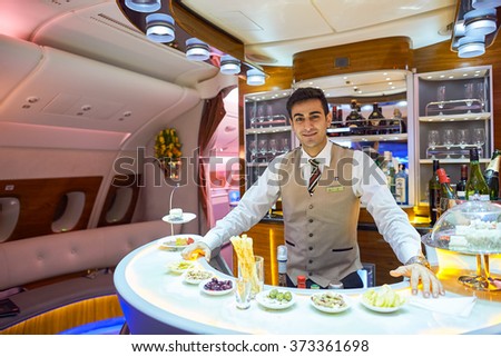 HONG KONG - JUNE 18, 2015: Emirates Airbus A380 business class interior. Emirates is one of two flag carriers of the United Arab Emirates along with Etihad Airways and is based in Dubai.