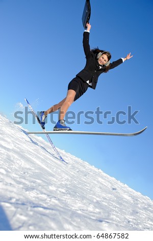 businesswoman on ski hurry to work