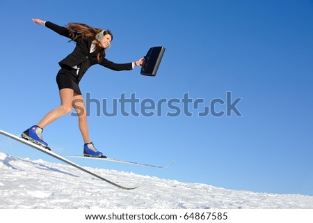 beauty woman with bag on the ski hurry to work