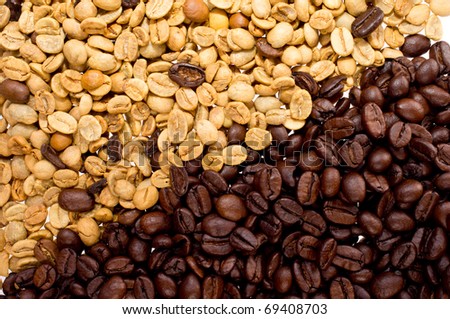 close up shot of roasted and raw coffee beans background