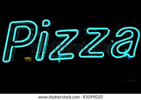 neon shining signboard with word pizza in blue at night