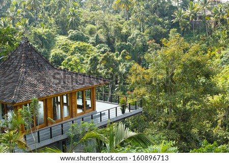 high angle view of a yoga room facing rain forest