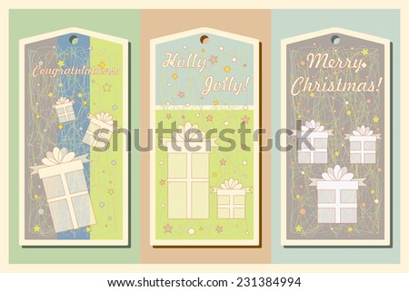 Vintage Christmas and Happy New Year holiday cards set with present boxes. Happy holidays set of tags and bookmarks. Vector illustration.