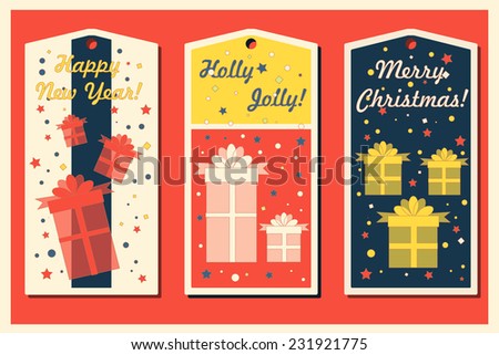 Vintage Christmas and Happy New Year holiday cards set with present boxes. Happy holidays set of tags and bookmarks. Vector illustration.