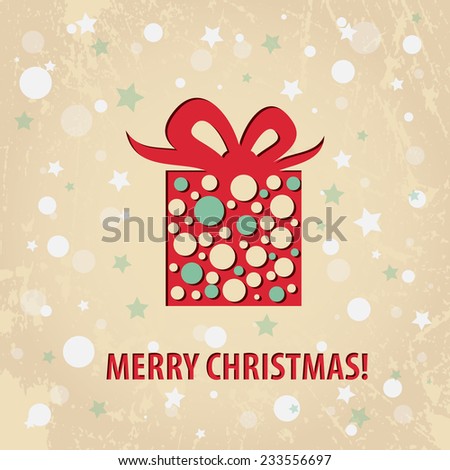 Vintage Christmas and Happy New Year holiday greeting postcard with present box. Happy Holiday greetings. Vector illustration.