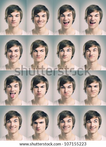 Multiple portraits of a young man doing grimaces