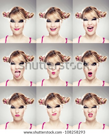 Multiple close-up portraits of the same woman expressing different emotions and expressions