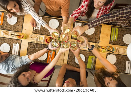 Group of people toasting and looking happy at a restaurant