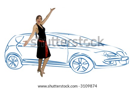 Young beautiful woman dreaming and happy with the choice of the new car