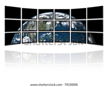 Big panel of TV’s showing a presentation with the earth planet Background made with old textured paper with a world map  - Earth planet image courtesy of Nasa (http://earthobservatory.nasa.gov)