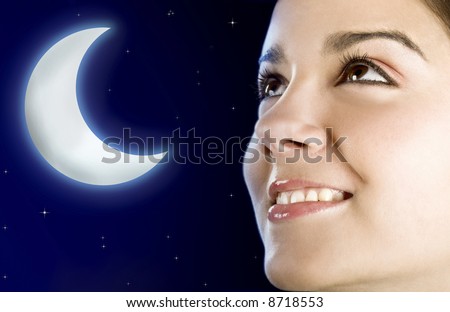 Portrait of a beautiful happy woman at night (moon created in PS)
