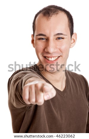 stock photo Portrait of a smart guy pointing to something