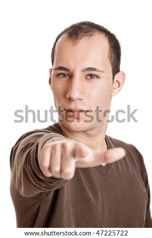 Portrait of a smart guy pointing to something, isolated on white