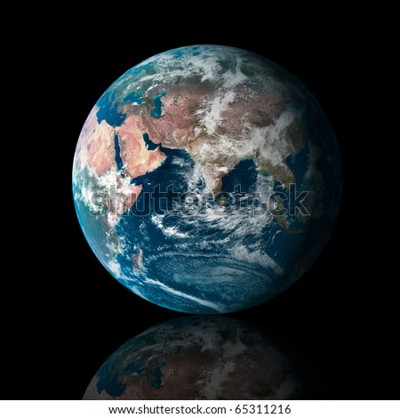 Our own earth over a black background with reflection. Maps comes from earthobservatory/nasa.