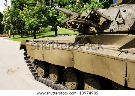 A view of a tank with the cannon directed forward