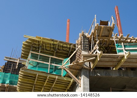 Wooden scaffolding for concrete formation on a construction site