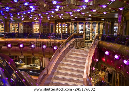 FORT LAUDERDALE, FLORIDA-MARCH 22:  The interior lobby on the Carnival Freedom cruise ship is ready for tourists on its Caribbean cruise departing March 22, 2009 from Ft. Lauderdale.