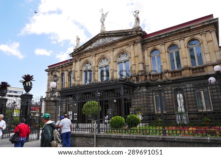 SAN JOSE, COSTA RICA-MARCH 3, 2015:  The National Theater in Costa Rica first opened to the public in 1897.  It remains a top tourist destination today.