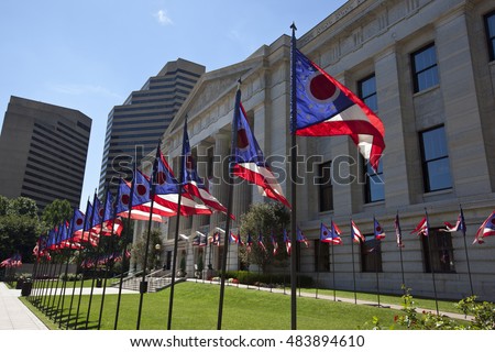 Eighty eight state of Ohio flags fly on the east lawn of the Ohio Statehouse in Columbus.  The flags represent the counties of Ohio.