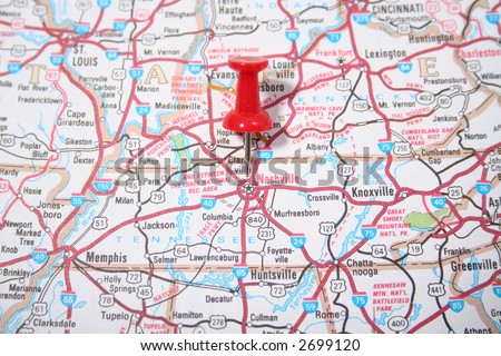 Map showing the city of nashville Tennessee pinpointed by a red thumb tack