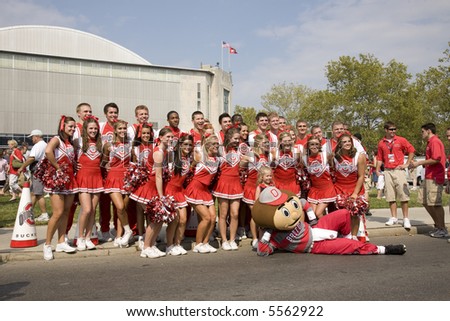 Group shot of the Ohio State cheerleading squad with Brutus the Buckeye