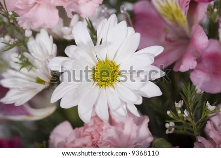 Pink floral wedding arrangement with a daisy in the center
