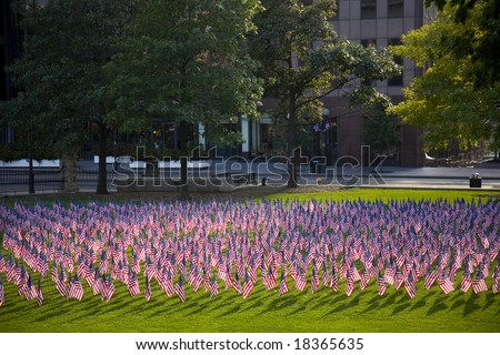 American flags on the lawn of the Columbus, Ohio statehouse