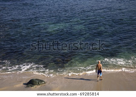Senior male getting ready to go out for a swim along the California coast